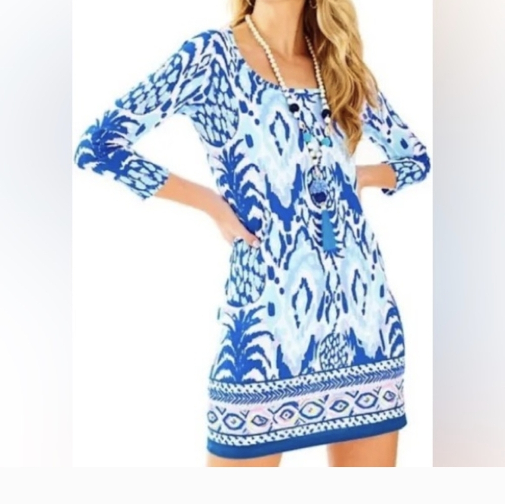 Lilly Pulitzer Beacon Tropical Pineapple Call Me Serene Blue Pima Cotton Sz.XS
